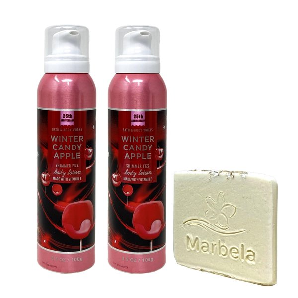 Bath & Body Works Winter Candy Apple 2 Pack Shimmer Fizz Body Lotion Gift Set with a Natural Oats Sample Soap