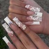 DANMANR White Fake Nails Long Press on Coffin Nails Rhinestones Full Cover Acrylic Shiny Fake Nails for Women and Girls 24PCS