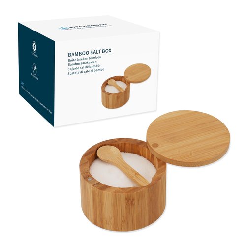 KITCHENDAO Bamboo Salt Cellar Bowl Box Container with Built-in Spoon, Elegant Kitchen Salt Dish Holder Saver Jar with Swivel Magnetic Lid to Storage Pepper Spice Bath Salt Sea Salt, 6OZ