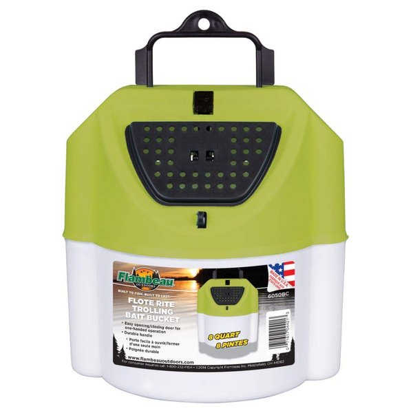 Flambeau Outdoors 6050BC Flote Rite 8 QT. Trolling Live Bait Bucket, Tie-Off Fishing Storage, Lime Green/White