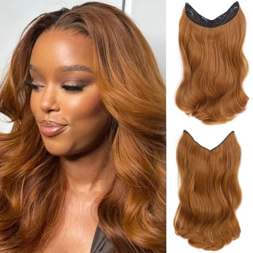 Halo Hair Extensions Invisible Wire Hair Extension 5 Types Adjustable Headwidth Size Wavy Curly Long 18Inches Heat-resistant Synthetic Fiber Hairpiece for Women Girls (Orange Red)