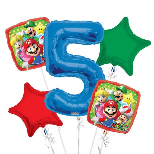 Super Mario Balloon Bouquet 5th Birthday 5 pcs - Party Supplies