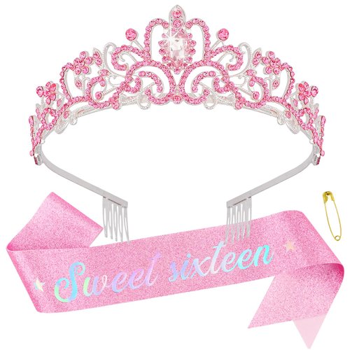 Sweet 16 Sash and Birthday Crown for Girls, 16th Birthday Tiara Crown,Sweet 16 Birthday, 16th Birthday Decorations for Girls (Pink)