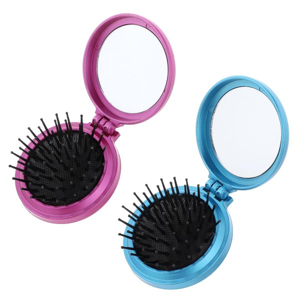 2 Pack Round Mini Compact Massage Comb Folding Travel Mirror Hair Brushes Folding Hair Brush with Mirror Portable Pocket Hair Brush for Home Office Travel(Blue and Purple)