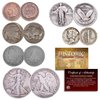 Old U.S. Silver Coins 6 Coin Collection Set - Walking Liberty Half, Standing Liberty Quarter, Mercury Dime, Buffalo Nickel, V-Nickel, Indian Head Cent, All in airtight Capsules with Certificate