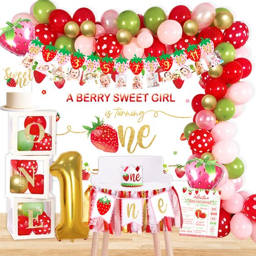 YSHMFEUX Strawberry 1st Birthday Decorations Party Supplies, Strawberry Sweet One Birthday Decor,...