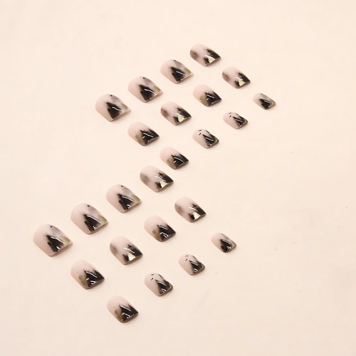 IMSOHOT Short Press on Nails Square Glossy Fake Nails Acrylic Squoval False Nails Glue on Nails Nude Nails with Ink Painting Designs 24PCS