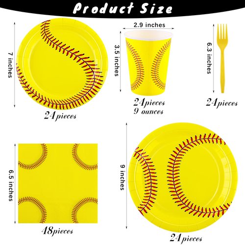 durony 144 Pieces Softball Paper Plates and Napkins Dinnerware Set Softball Birthday Party Tableware Supplies Includes Paper Plates Napkins Forks Serve 24 for Sports Softball Party Supplies