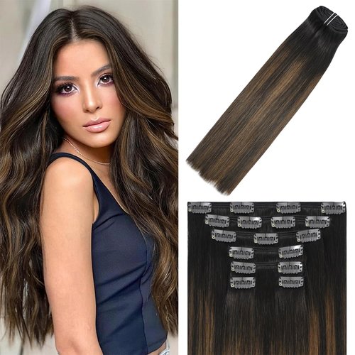 WindTouch Clip in Hair Extensions Real Human Hair 14 Inch 120g 7pcs #2T6P2 Dark Brown to Chestnut Brown Hair Extensions Clip Ins Balayage Clip in Hair Extensions for Women