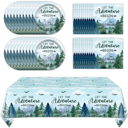 ZOIIWA Adventure Awaits Tableware Set Let The Adventure Begin Plates Napkins Tree Mountain Wilderness Tablecloths Winter Adventure Party Dinnerware for Kids Baby Shower Birthday Party Decor Supplies