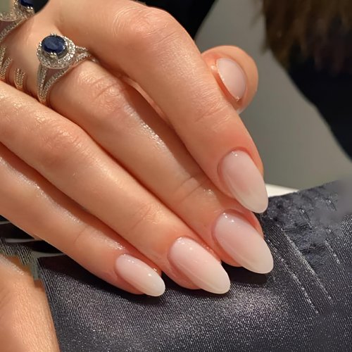 Press on Nails Short Almond Fake Nails Nude Gradient Nails Press Ons Glossy Natural False Nails Stick Glue on Nails for Women 24Pcs