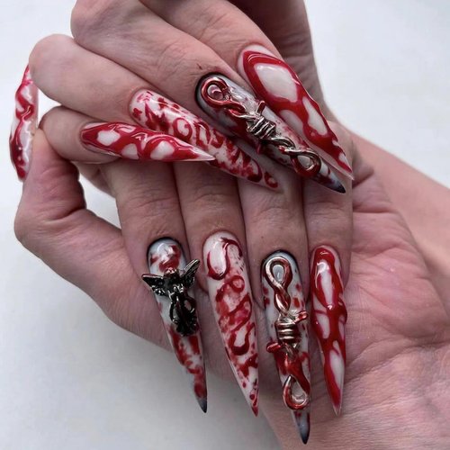 MISUD Press on Nails Long Stiletto Fake Nails Glossy Glue on Nails Goth Red Ombre Artificial Nails Almond Acrylic Nails Gothic Charms Stick on False Nails with 3D Blood Design 24pcs