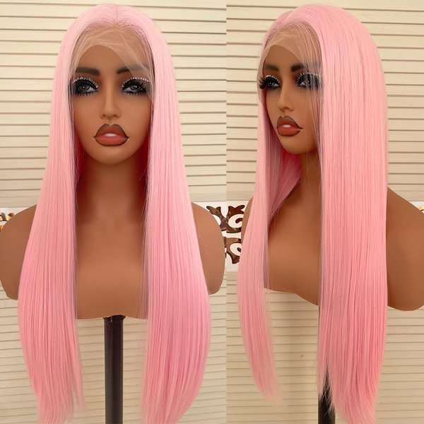DARKPIG Light Pink 13 * 4 Synthetic Lace Front Wig Pre Plucked Wear and Go Wig Glueless Lace Front Wigs for Black Woman Long Long Straight Wig Cosplay 24 Inch