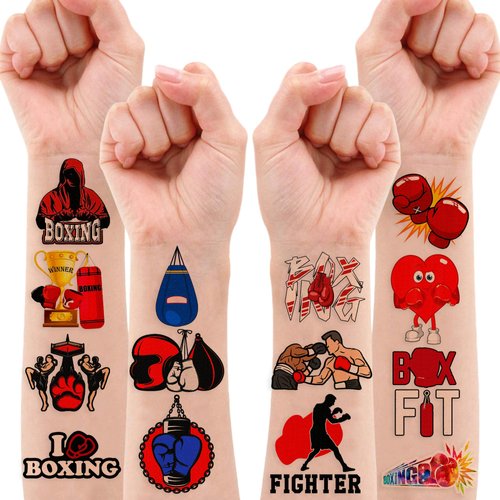 8 Sheets (79PCS) Boxing Gloves Temporary Tattoo Theme Birthday Party Decorations Favors Supplies Decor Stickers for Boys Girls Kids Gifts Classroom School Prizes Rewards