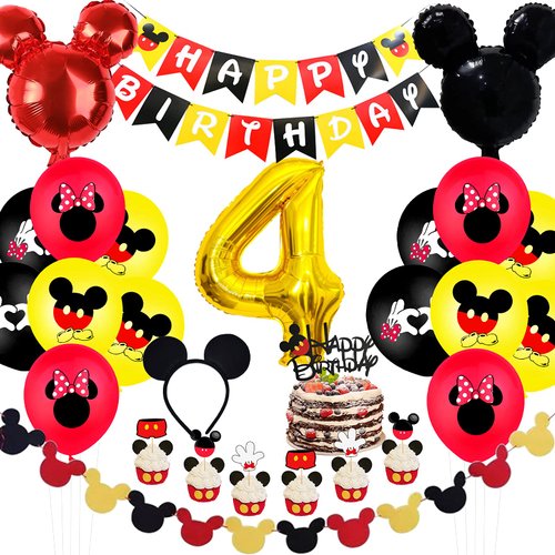 zrjssyp Mickey 4th Birthday Party Supplies, 4 Years Old Decorations for boys Three Decor Red Yellow Black Balloon Banner Number Foil Balloons Mouse Ears Headband Kids… (black 4th)