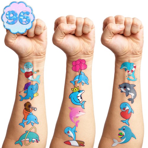 96 PCS Funny Ocean Dolphin Temporary Tattoos Sticker Blue Under The Sea Animal Fish Dolphin Birthday Party Decorations Supplies Favors Gifts Boys Girls Baby Shower Cute Tattoo School Reward Themed