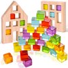 Woodtoe Wooden Building Blocks Set for Kids, 24 PCS Rainbow Gem Cubes Stacking Blocks - 2 Wood House, Montessori Stacking Toy for Toddlers, Educational STEM Birthday Toy for Boys Girls 3-6