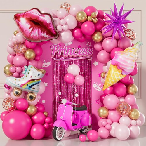 128 Pcs Hot Pink Balloon Arch Kit, Metallic Gold Star Confetti Balloons for Pink Theme Princess Party Birthday Girl Baby Shower Anniversary Wedding Valentines Day Graduation Decorations