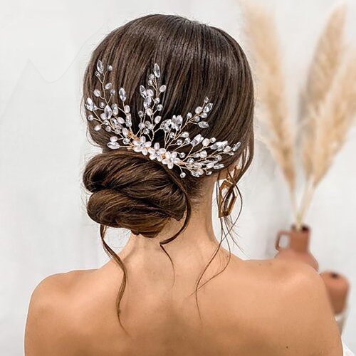 Bridal Hair Comb Rhinestone Crystal Pearl Flower Bridal Hair Headpieces for Wedding,Luxury Wedding Hair Accessories For Women Girls -Golden