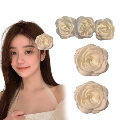 3 Pack Flower Hair Clip Camellia Hair Barrette Hairpins Artificial Bohemia White Shark Hair Clips for Women Girls Ponytail Braid Decoration