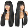 Long Straight Wig with Bangs Natural Black Wigs for Women Fashion Silky Soft Smooth Remy Hair Heat Resistant Fiber Synthetic Wig Machine Made Glueless Full Wig 24 Inch Regular Everyday Wig