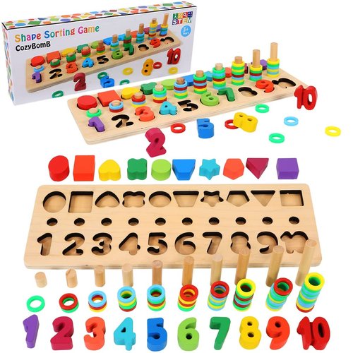 CozyBomB™ Montessori Educational Wooden Toys for Kids Toddler Number Puzzles Sorter Counting Shape Stacker Stacking Game Preschool Math Blocks Toys Gifts for Boy Girl Birthdays Christmas Holidays