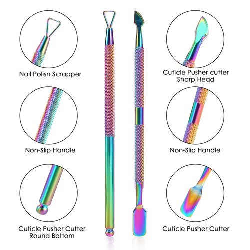 2PCS Cuticle Pusher and Cutter with Storage Case,Professional Cuticle Pusher Nail Polish Remover Stainless Steel Manicure Tool Set,Durable Pedicure Manicure Tools for Fingernails Toenails (Chameleon)