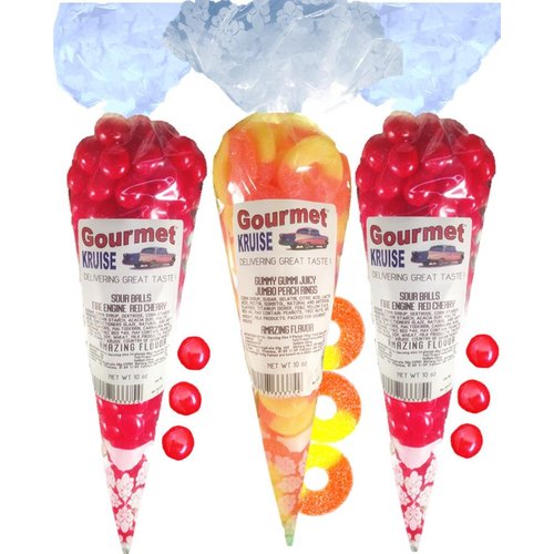 Sour Balls (2) Fire Engine Red Cherry (1) Juicy Jumbo Peach Rings Gummi Gummy (NET WT 30 OZ) Gourmet Kruise Signature Gift Bags