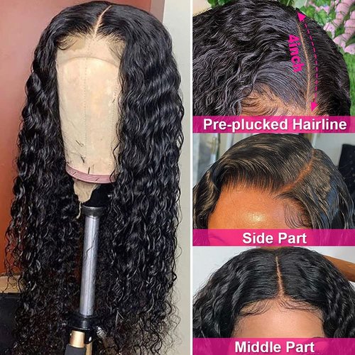 16 Inch Deep Wave Lace Front Human Hair Wigs Pre Plucked Brazilian Virgin Deep Wave Human Hair Wig with Baby Hair Glueless Lace Front Wigs 9A 150% Density 4x4 Pre Plucked Lace Wig Natural Hair Line