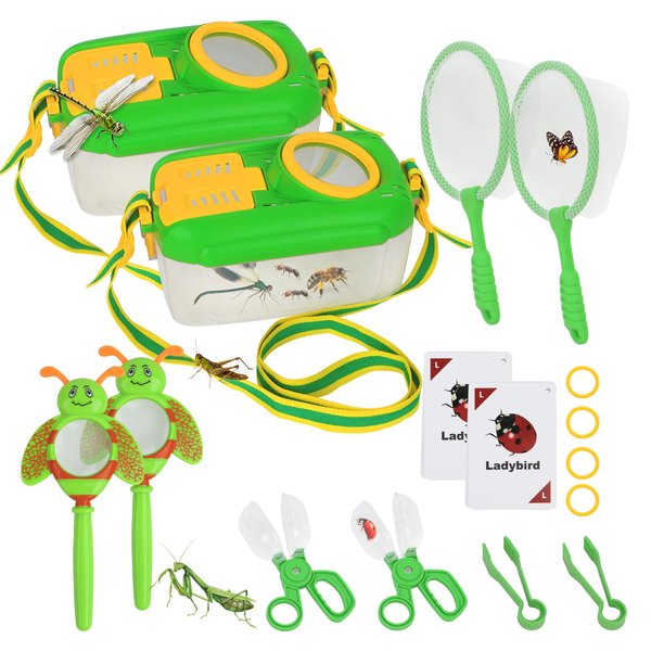 QuadPro Bug Catcher for Kids - 2 Sets - Outdoor Explorer Set with Butterfly Net, Tweezers, Bug Clamp, Magnifying Glass & Entomology Learning Cards - Perfect Bug Catching Kit for Kids Age 3 4 5 6 7 8