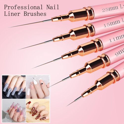 5Pcs Nail Art Liner Brushes,Liner Brush for Nails,Nail Art Brush for Long Lines,Thin Details,Fine Drawing,Liner Brush UV Gel Polish Painting Nail Design Sizes 7/9/11/15/25mm (Pink)