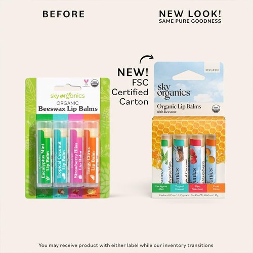 Sky Organics - Organic Lip Balm Set (4-Pack) - Organic Beeswax, Botanical Oils & Extracts - Vitamin E & Organic Natural Flavors - Beauty Gift Set - All Skin Types & Cruelty Free - Lip Care & Self Care