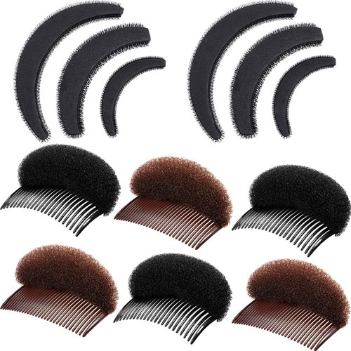 10 Pieces Hair Volumizing Accessories Set - Braiding Tool, Hair Bump Base, and Volume Hair Comb for Women Girls (Black, Brown)