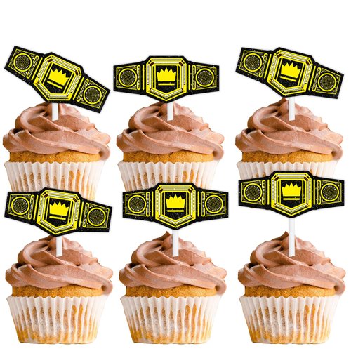18pcs Gold Glitter Championship Ring Dessert Cupcake Topper Wrestling Belt Fitness Sports Theme Decor Supplies Men Boys Happy Birthday Anniversary Party Decorations