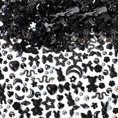 COOSLIM 110 Pieces 3D Nail Charms for Acrylic Nails, Camellia Rose Flower Butterfly Bowknot Heart Bear Rabbit Star Charms for Nail Art Designs DIY Accessories Craft(Black+2)