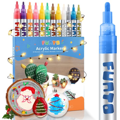 Funto Acrylic Paint Pens for Rock Painting, Fabric, Wood, Canvas, Metal, Ceramic, Glass, 12 Colors Paint Marker Set, Non-Toxic, Quick Drying