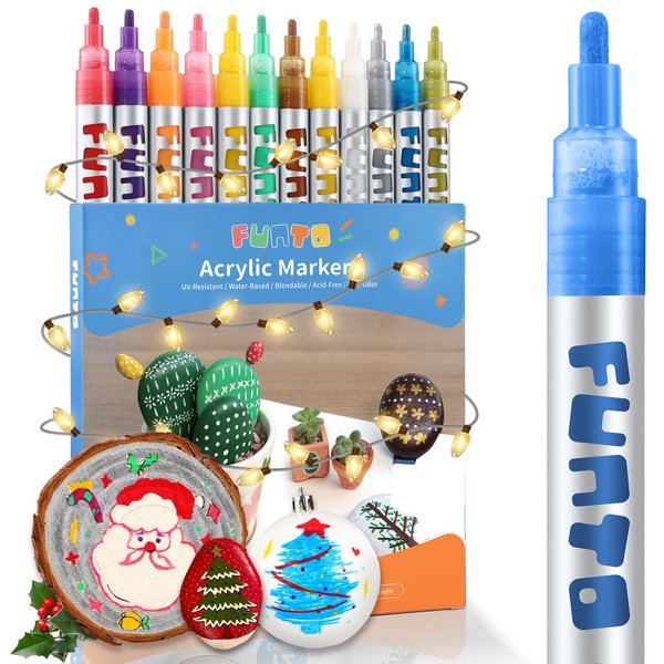 Funto Acrylic Paint Pens for Rock Painting, Fabric, Wood, Canvas, Metal, Ceramic, Glass, 12 Colors Paint Marker Set, Non-Toxic, Quick Drying