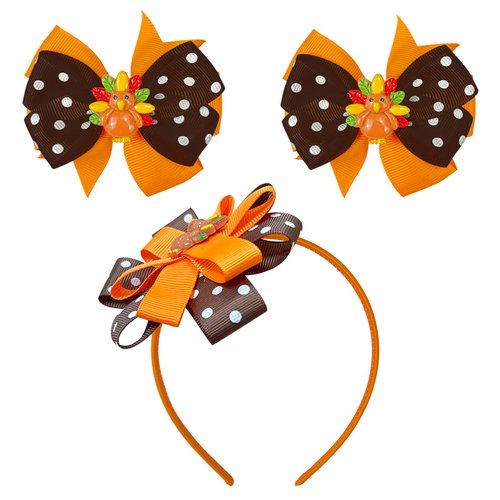 1 Set Thanksgiving Turkey Headband and Hair Clips Headwear Set with Bow Polka Dot for Girls Children Autumn brown Christmas Halloween Thanksgiving Hair Accessories