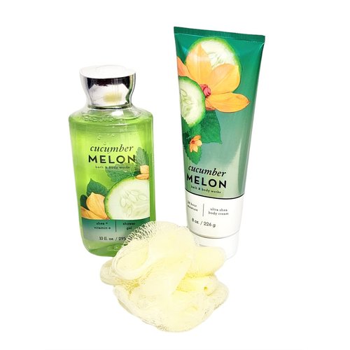 CUCUMBER MELON BATH AND BODY GIFT SET 4 PIECE GIFT SET BATH & BODY GIFT SET BODY CREAM BODY SHOWER GEL BATH FOAM 11 INCH BEAR VALENTINES GIFT SET MOTHER'S DAY GIFT SET BIRTHDAY GIFT SET WOMEN'S BODY GIFT SET CLEAR CELLO WRAPPED WITH RIBBON (COLOR MAY VARY