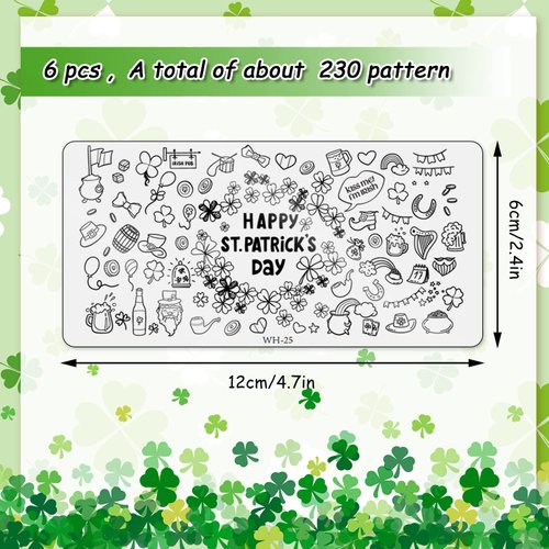 Whaline 6 Pieces St. Patrick's Day Nail Stamping Plates Kit Lucky Shamrock Rainbow Image Stamp Templates Irish Nail Art Plates for St. Patrick's Day DIY Print Manicure Salon Design Gift