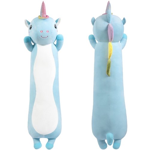 SNOWOLF 43.3Inch Long Unicorn Plush Pillow Stuffed Animal Toys Cute Soft Unicorn Plush Hugging Pillow with Rainbow Wings Kawaii Toy for Kids Girls (Blue, 110cm/43.3Inch)