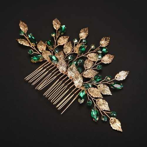 Teyglen Boho Gold Leaf Wedding Hair Comb Emerald Green Crystal Hair Comb Bridal Rhinestone Headpiece Hair Piece Hair Accessories for Women