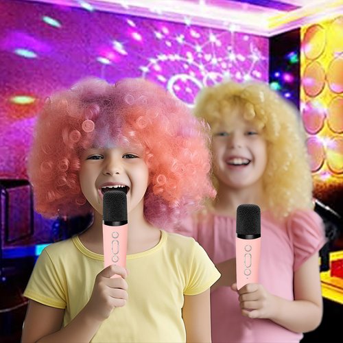 Karaoke Machine for Kids, Portable Bluetooth Speaker with 2 Wireless Microphones, 1 Disco Ball Strobe Lamp 7 Modes Stage Light for Home Room Dance Parties Birthday