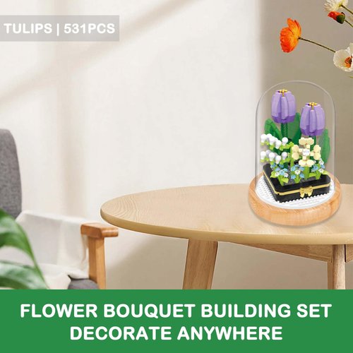 SYMIBRICK Flower Bouquet Building Set, 531PCS Mini Bricks Botanical Collection Building Blocks with Display Case, Artificial Plant Flowers Set for Adults, Birthday for Her (Tulips)