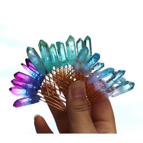 Handmade Natural Crystal Hair Comb Bridal Wedding Headwear Crystal Stone Hairpin Hair Clip Clamp Side Hair Combs for Women Hair Accessory (Blue)