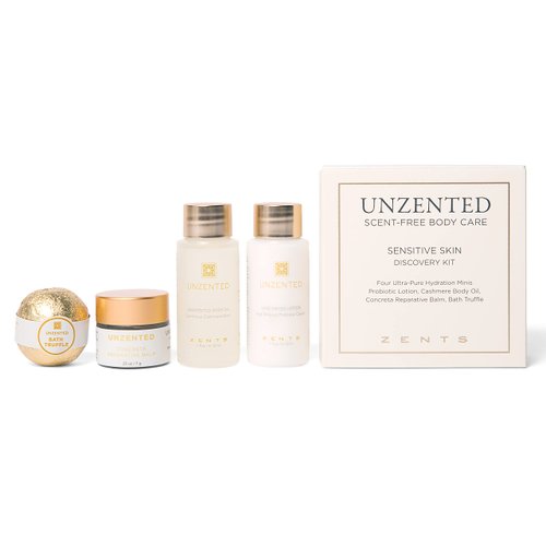 Zents Unscented 4-pc Mini Set, Moisturizing Body Care for Sensitive Skin, Gentle Enough for Eczema & Psoriasis, With Probiotic Lotion, Body Oil, Reparative Balm, and Truffle Bath Bomb