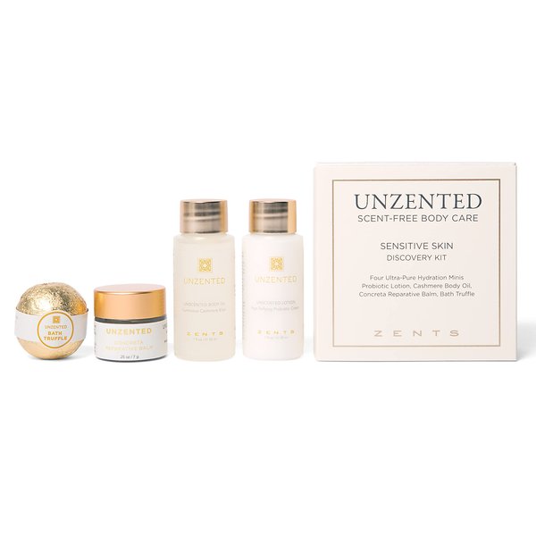 Zents Unscented 4-pc Mini Set, Moisturizing Body Care for Sensitive Skin, Gentle Enough for Eczema & Psoriasis, With Probiotic Lotion, Body Oil, Reparative Balm, and Truffle Bath Bomb