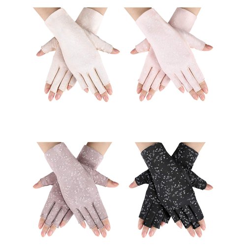 SATINIOR 4 Pairs Driving Sunscreen Fingerless Gloves Women UV Protection Half Finger Non Skid Gloves for Summer Outdoor Activities Favors, Medium (Flower)