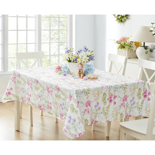 Newbridge Wildflower Fields Floral Vinyl Flannel Backed Tablecloth, 52 x 52 Inch Square, Summer Pink and Purple Wild Flowers Easy Care Vinyl Tablecloth with Flannel Backing