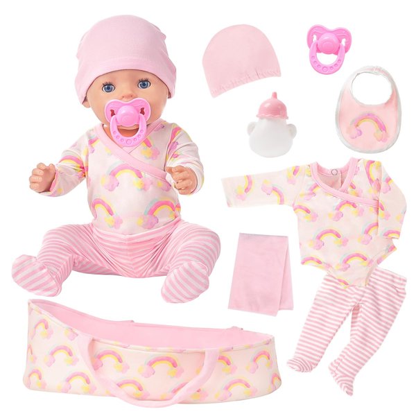 ZITA ELEMENT 8 Pcs Baby Doll Clothes with Bassinet for 17-22 Inch Baby Doll,Baby Doll Clothes Outfit Accessories fit Baby Doll (No Doll)
